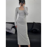 fashion outfits Autumn and Winter Korean Style Square Collar Long Sleeve Solid Color Mid-Length Dress High Waist Slimming Hip Skirt